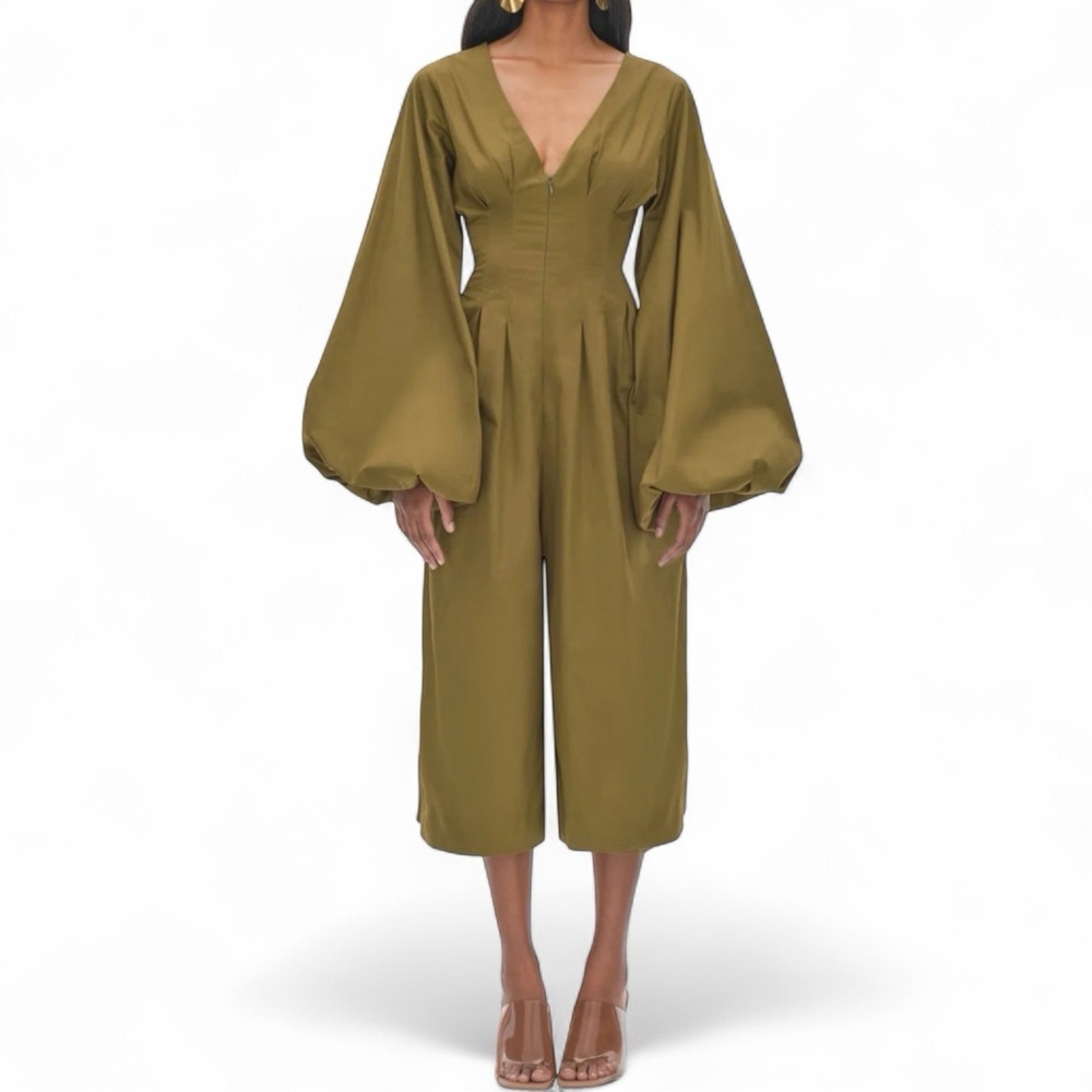 Andrea Iyamah Nia Cropped Jumpsuit Cotton Poplin XS Olive‎ Green